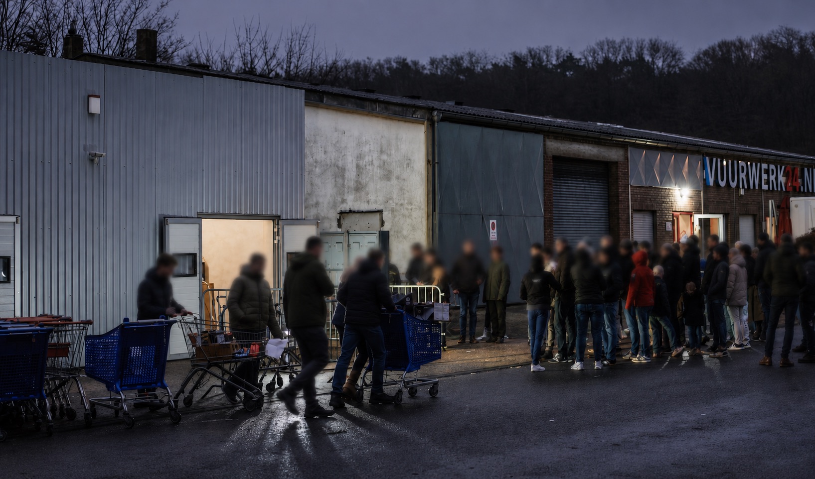 Kunden in der Schlange vor dem Geschäft von Vuurwerk24 in Elten